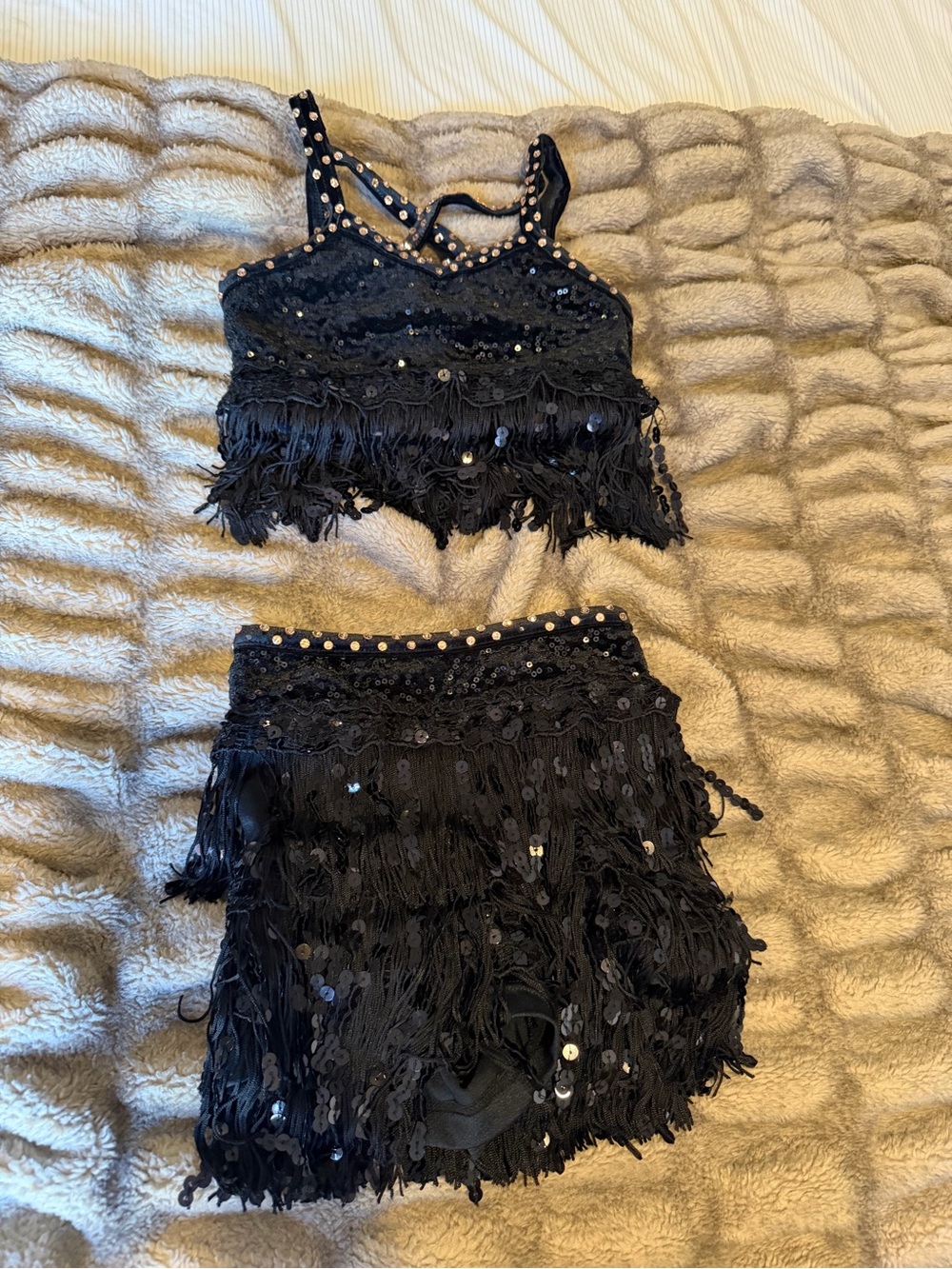 Black Sequin Diamond Fringe Comp Dance Skirt & Crop Top Set - Kids 6/7